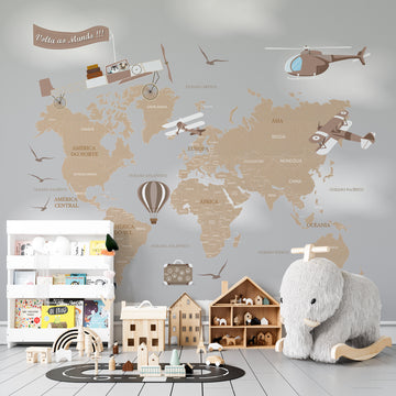 Papel de Parede Adesivo Infantil de Mapa PEQUENO EXPLORADOR CINZA